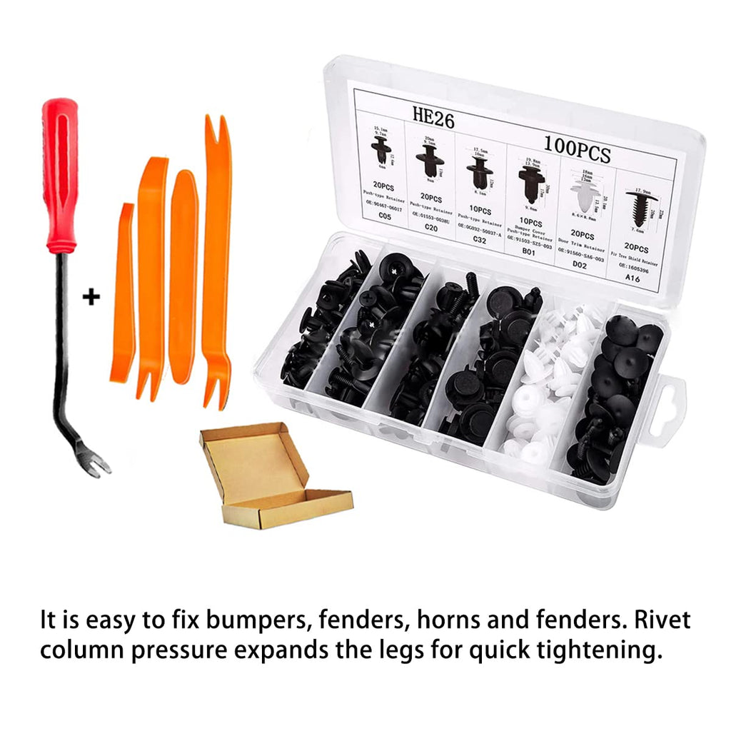 100PCS Car Retainer Clips Kit with Removal Tools - Auto Body Push Pin Rivets Auto Edge