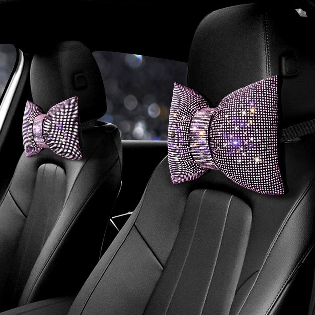 Crystal Car Headrest Support - Universal Diamond Bow Neck Rest Auto Edge